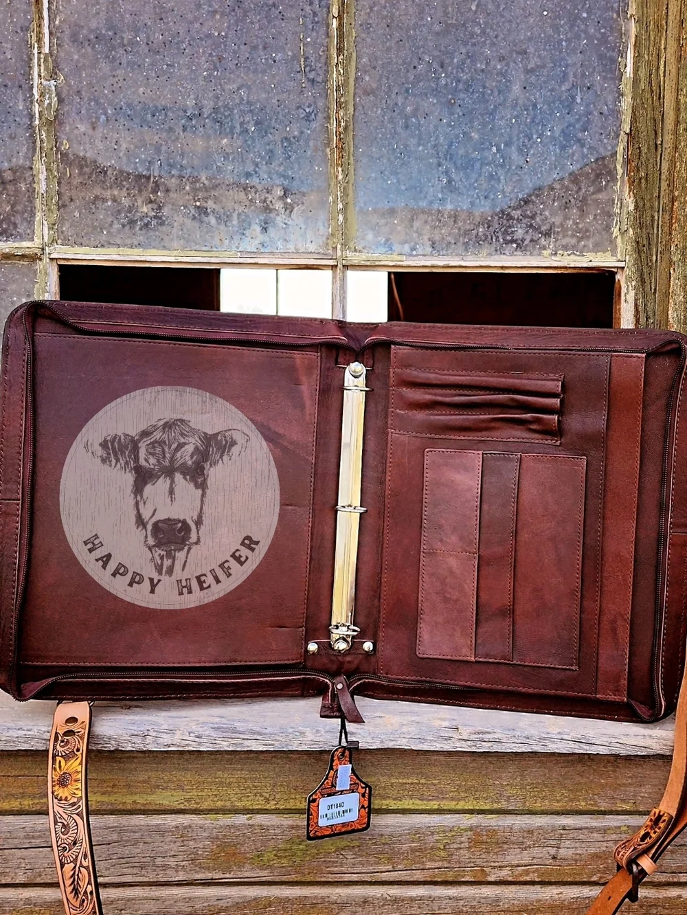 Handcrafted Leather Sunflower And Cowhide Three Ring Binder Crossbody
